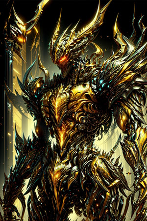 (masterpiece:1.2), best quality, high resolution, unity 8k wallpaper, (illustration:1.0), beautiful detailed, extremely detailed, perfect lighting, extremely detailed CG,glowing eyes, Heavy Mech,skeleton armor,(golden black),full_armor,warframe,horns, fake horns, red eyes, global ray tracing, looking at the viewer,solo,perspective,draconictech