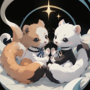 A unique and adorable illustration of a yinyang symbol formed by two ferrets, one black and one white. The black ferret has dark brown and tan markings, while the white ferret showcases a beautiful coat of black, brown, and white. The ferrets are curled up together in a circle. They gaze affectionately at each other.,BlackworkStyleManityro,sangonomiya kokomi (sparkling coralbone)