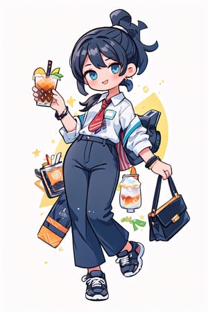 masterpiece,best quality, a girl smiling, black ponytail hair, ((full body)), lively eyes, an office worker, an employee card, With an iced americano, a white shirt, straight black pants, a simple monochromatic background, No accessories