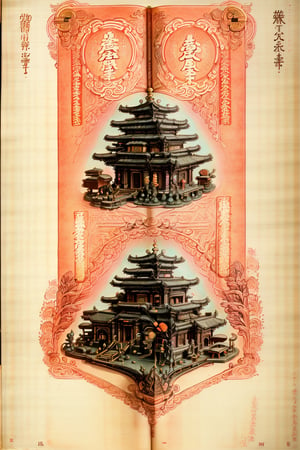 (Full-page illustration of an ancient illuminated codex:1.3), ink drawing with golden leaf insertions on parchment of a wonderful (Historical Taiwanese Temple model:1.4), Shophouse, street cityscape, subtropical environment, historical Taiwanese buildings,19th century, (Hokkien architecture:1.3), (orange tiled roof), (upward curve ridge roof), wooden structure), stone base, red brick wall, beautiful blue sky (aerial view:1.2), vignette, highest quality. Masterpiece of a museum of art, award winning, detailed and intricate, masterpiece, itacstl, on parchment, art_booster, detailed building models, neon_nouveau, Art Deco, Futuristic Deco, Neon Elegance, Cyber-Vintage, Techno-Glam, Neon Revival,Historical Taiwanese Temple