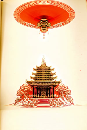 (Full-page illustration of an ancient illuminated codex:1.3), ink drawing with golden leaf insertions on parchment of a wonderful (Historical Taiwanese Temple model:1.4), subtropical environment, historical Taiwanese buildings,19th century, (Hokkien architecture:1.3), (orange tiled roof), (upward curve ridge roof), wooden structure), stone base, red brick wall, (set on top of a hill overlooking a valley:1.2), beautiful blue sky (aerial view:1.2), vignette, highest quality. Masterpiece of a museum of art, award winning, detailed and intricate, masterpiece, itacstl, on parchment, art_booster, detailed building models, neon_nouveau, Art Deco, Futuristic Deco, Neon Elegance, Cyber-Vintage, Techno-Glam, Neon Revival,Masterpiece