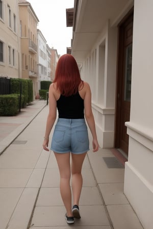 Redhead freckled girl goes down the sidewalk walking back to her house