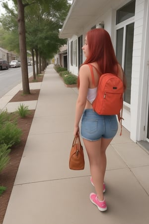 Frontal picture Redhead freckled girl goes down the sidewalk walking back to her house