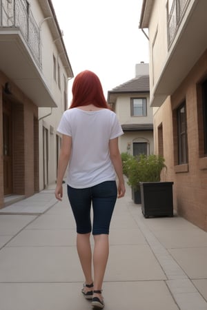 Redhead freckled girl goes down the sidewalk walking back to her house