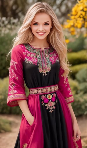 1girl, upper body, beautiful young woman, blonde, smiling, (in beautiful Ukrainian national costume embroidery ornament pink, red, black), sunny day, botanical garden, realistic