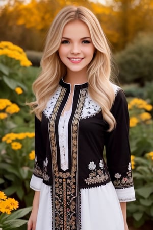 1girl, Beautiful young woman, blonde, smiling, (in beautiful Ukrainian national costume embroidery ornament black, white), sunny day, botanical garden, realistic
