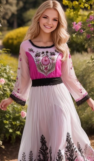 1girl, Beautiful young woman, blonde, smiling, clear facial features, (in beautiful Ukrainian national long dress embroidery ornament pink, white, black), sunny day, botanical garden, realistic