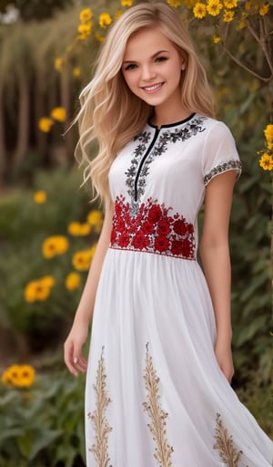 1girl, Beautiful young woman, blonde, smiling, clear facial features, (in beautiful Ukrainian national long dress embroidery ornament white, black, red), sunny day, botanical garden, realistic