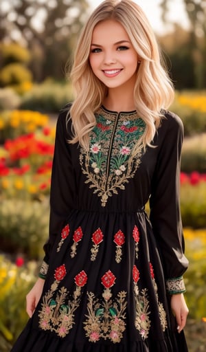 1girl, beautiful young woman, blonde, smiling, (in beautiful Ukrainian national dress embroidery ornament black, red, green), sunny day, botanical garden, realistic