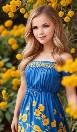 1girl, Beautiful young woman, blonde, (in beautiful blue Ukrainian national dress with yellow flowers print), sunny day, botanical garden, realistic