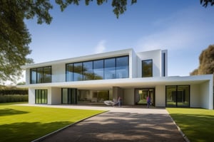 United Kingdom Exclusive Residential Architecture House of the future, beautiful sunny day with a mother and father and two children entering the front door of the house, a modern sports car is parked on the driveway outside the house, dvarchmodern