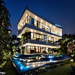 (best quality, masterpiece, high_resolution:1.5), a house town villa in Hanoi, Vietnam with wonderful and luxury exterior designing by Zaha Hadid. Glass and led lighting make the facede of this 3 layers house look awesome . Night light from lamps and moon.,Thai style roof,Wonder of Art and Beauty,Retouch all bugs,Wonder of Beauty,Slender body,Unique Masterpiece,FilmGirl