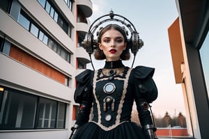 A woman with West Slavic facial features and a robotic exoskeleton is dressed in a short gothic Lolita dress adorned with tulle and lace. Its clothing morphs the Mechanical counterpressure suit of an astronaut with a gothic Lolita outfit decorated with embroidery and lace. She is sightseeing a residential building in the Bauhaus architecture that prioritizes functionality and simplicity,  using modern materials like steel and glass and favoring a minimalistic aesthetic. Diorama, 3/4 view, low angle view, masterpiece, cluttered maximalism, vivid colors, 64k,  UDR,  HDR,  and ultra-sharp.