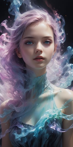 beautiful girl 19 yo, ((translucent)), clear, ((ghostly)), colorful smoke, ((ghostly)), transparently air, amazingly fluid air, detailed, light particles, vivid color, artgerm, dreamlike, pretty face, masterpiece, ,crystal_clear,SelectiveColorStyle,photorealistic,Masterpiece