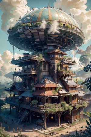 masterpiece, highly detailed, In the heart of the jungle amidst the remnants of a bygone era, the explorer stands amidst the Alien Ruins, he expression a blend of wonder and determination as he contemplates the intersection of Science Fiction and reality, the swirling clouds overhead a symbol of the turbulent journey that lies ahead, Intense contrasts, surreal, add_more_creative