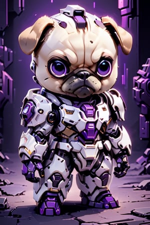 (Masterpiece, Best Quality: 1.5), EpicLogo, white armor, robot, purple armor, light brown face, looking at viewer, pug style, center view, cute, toned, cinematic still, cyberpunk, full body, cinematic scene, complex Mechanical details, ground shot, 8K resolution, Cinema 4D, Behance HD, polished metal, ,darkart