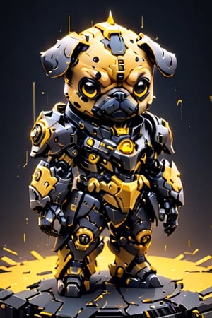 (Masterpiece, Best Quality: 1.5), EpicLogo, black armor, robot, yellow armor, light brown face, looking at viewer, pug style, center view, cute, toned, cinematic still, cyberpunk, full body, cinematic scene, complex Mechanical details, ground shot, 8K resolution, Cinema 4D, Behance HD, polished metal, ,darkart,DonMB4nsh33XL ,LegendDarkFantasy