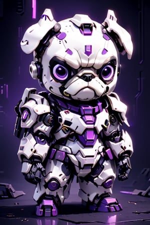 (Masterpiece, Best Quality: 1.5), EpicLogo, white armor, robot, purple armor, white face, looking at viewer, pug style, center view, cute, toned, cinematic still, cyberpunk, full body, cinematic scene, complex Mechanical details, ground shot, 8K resolution, Cinema 4D, Behance HD, polished metal, ,darkart