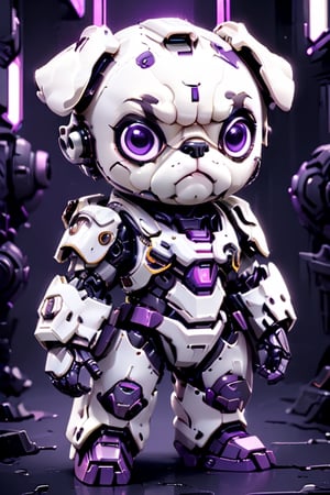 (Masterpiece, Best Quality: 1.5), EpicLogo, white armor, robot, purple armor, white face, looking at viewer, pug style, center view, cute, toned, cinematic still, cyberpunk, full body, cinematic scene, complex Mechanical details, ground shot, 8K resolution, Cinema 4D, Behance HD, polished metal, 