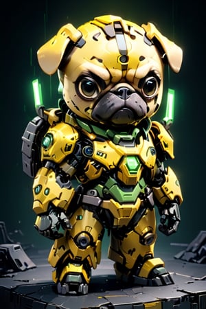 (Masterpiece, Best Quality: 1.5), EpicLogo, yellow armor, robot, green armor, light brown face, looking at viewer, pug style, center view, cute, toned, cinematic still, cyberpunk, full body, cinematic scene, complex Mechanical details, ground shot, 8K resolution, Cinema 4D, Behance HD, polished metal, ,darkart