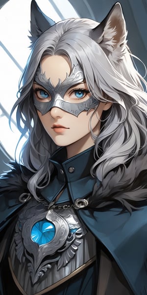 (masterpiece, high quality, 8K, high_res), merge ink drawning and anime style, Portrait of a silver-haired girl in a steel wolf mask, glowing blue eyes, muted background, reflection of silver, dark tones, aesthetic, thriller, modern, truly artwork, trending on artstation, perfect, influence of the novel The Count of Monte Cristo, veneagance story,portraitart,Leonardo Style