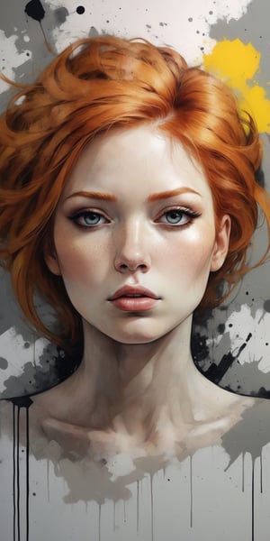 (masterpiece, high quality, 8K, high_res), abstract handpainted illustration of a beautiful young woman, ginger hair, bright make up, conceptualism art, graffitism, grunge style, chaotic composition, colorful person in the grey world, melancholic, sad, depressive