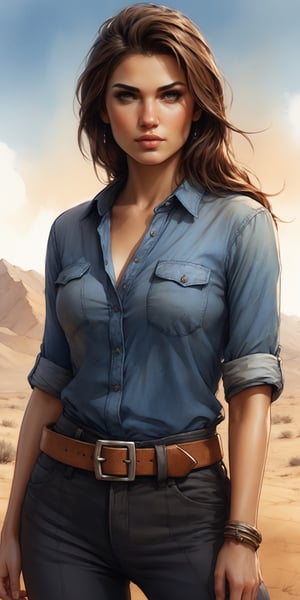 (masterpiece, high quality, 8K, high_res), ((ink drawning and watercolor wash)), grunge style, ultra detailed portrait in sketchbook style, breathtakingly beautiful woman, slavic facial feautres, brown hair, simple blue shirt with rolled sleeves, black pants with belt, city in the desert as background, add details of sweltering heat, beautiful and sensual picture, trending on artstation, add elements of fashion photoshot \posing, composition, camera work\
,portraitart