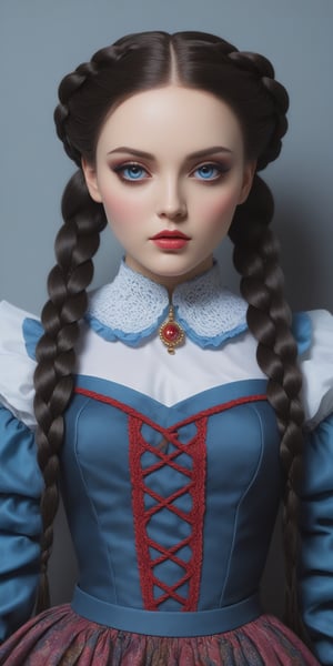 (masterpiece, high quality, 8K, high_res), 
professional photoshot, grunge style, elegant, fashion element, the Puppet Show, 
incredibly beautiful young woman, braided braids, black long hair, cold blue eyes, doll make up,
richly decorated dress with a multi-layered multi-colored skirt of delicate colors, 
elegant, beuatiful. truly artwork, intricate, ultra detailed, art noaveu, art installation,
inspired by Gottfried Helnwein style


,artint