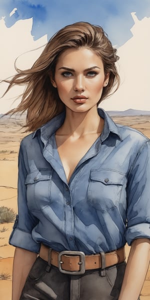 (masterpiece, high quality, 8K, high_res), ((ink drawning and watercolor wash)), grunge style, ultra detailed portrait in sketchbook style, breathtakingly beautiful woman, slavic facial feautres, brown hair, simple blue shirt with rolled sleeves, black pants with belt, city in the desert as background, add details of sweltering heat, beautiful and sensual picture, trending on artstation, add elements of fashion photoshot \posing, composition, camera work\
,portraitart