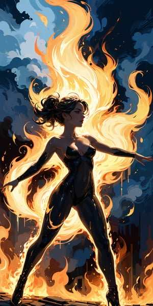(masterpiece, high quality, 8K, high_res), 
abstract picture, surreal, psychodelic, illustrate the phrase \I pretend I'm safe inside while the world burns\, picture should illustrate the young woman who dancing on fire, modern, impressionism, sensual, high aesthetic, truly masterpiece, by badabum27, inspired by Oxxxymiron work,artint