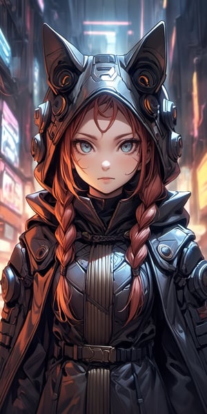 (masterpiece, high quality, 8K, high_res), cuberpunk and cyberfuturism style illustration, merge ink drawning and anime style, beautiful ginger woman, slavic facial features, braids /mixed ginger and bright red colors/, leather black cloak with white elements, convey the dark side of the cyberpunk world with the permissiveness of corporations and corruption, the girl main character of the sci-fi novel is part of this world, ready to do any work for the sake of money, but faced with betrayal,