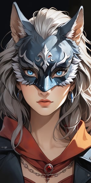 (masterpiece, high quality, 8K, high_res), merge ink drawning and anime style, Portrait of a silver-haired girl in a steel wolf mask, glowing blue eyes, muted background, reflection of silver, dark tones, aesthetic, thriller, modern, truly artwork, trending on artstation, perfect, influence of the novel The Count of Monte Cristo, veneagance story,portraitart,Leonardo Style