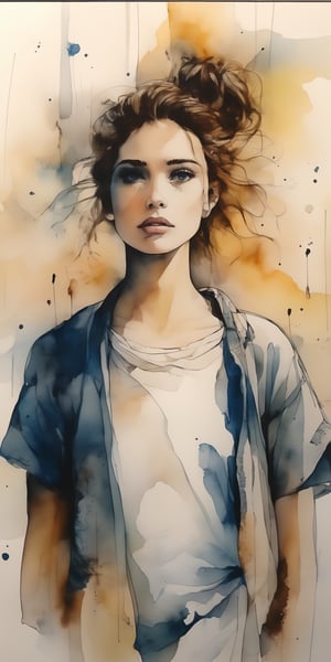 (masterpiece, high quality, 8K, high_res), ((ink drawning and watercolor wash)), grunge style, ultra detailed illustration of beautiful woman, convey sense of quote \i'm paralized, where are my feelings, where is a real me, i'm lost and it kills me inside, i'm paralized\, psychological drama, self-discovery, unanswered questions. Inspired by NF works, by badabum27, 
