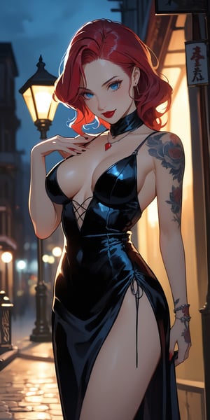 (masterpiece, high quality, 8K, high_res), on the night street, under shine of the street lamp, vampire woman, 25 years old, sexy body, sexy fitness figure, tattoo on the right hand, charming pose, black dress, blue eyes, red haired, high-quality (4k), elegant, aesthetic, gloomy and dark, 