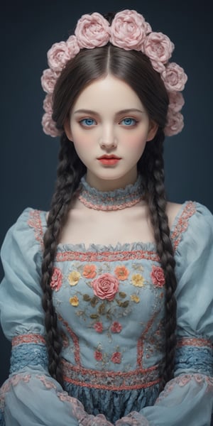 (masterpiece, high quality, 8K, high_res), 
professional photoshot, grunge style, elegant, fashion element, the Puppet Show, 
incredibly beautiful young woman, braided braids, black long hair, cold blue eyes, doll make up,
richly decorated dress with a multi-layered multi-colored skirt of delicate colors, 
elegant, beuatiful. truly artwork, intricate, ultra detailed, art noaveu, art installation,
inspired by Gottfried Helnwein style


,artint,Retro art