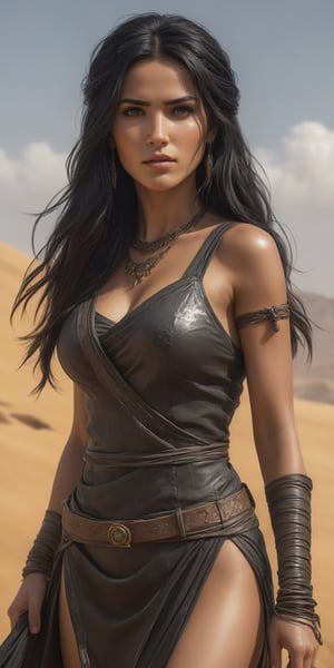 (masterpiece, high quality, 8K, high_res), merge ink drawning and anime style, breathtakingly beautiful woman, italian facial features, long black hair, galabeya dress \black with white elements\, convey the mood of an action-adventure film about a treasure hunter, an ancient city lost in the desert, full of dangers and mysticism, inspired by the Tomb Rider videogames, by badabum27,Leonardo Style,fflixmj6