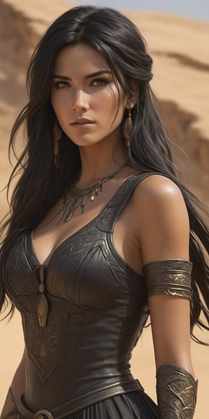 (masterpiece, high quality, 8K, high_res), merge ink drawning and anime style, breathtakingly beautiful woman, italian facial features, long black hair, galabeya dress \black with white elements\, convey the mood of an action-adventure film about a treasure hunter, an ancient city lost in the desert, full of dangers and mysticism, inspired by the Tomb Rider videogames, by badabum27,Leonardo Style,fflixmj6