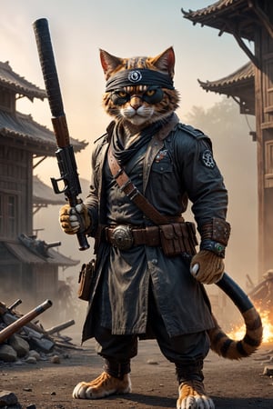 a (muscular:0.5) furry (martial arts master:0.7) battle (cat:1.2) mafioso (monk:0.5) holding a gun. He has one eye and a bandana (eye patch:1.3). His fur is blackened, but he wields the baseball bat with fierce determination. The morning sunrise highlights him with impeccable (cinematic backlighting) as it burns away the morning mist of the cite. perfectly drawn hands, cinematic scene, dramatic lighting, hyperdetailed photography, soft light, full body portrait, cover. shot on Blackmagic Pocket Cinema Camera 6K Pro and a Sigma Cine Prime 35mm f/1.4 lens (f/4.0, moderate ISO)