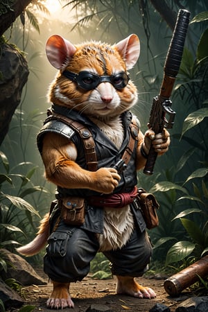 a (muscular:0.5) furry (martial arts master:0.7) battle (hamster:1.2) mafioso (monk:0.5) holding a gun. He has one eye and a bandana (eye patch:1.3). His fur is blackened, but he wields the baseball bat with fierce determination. The morning sunrise highlights him with impeccable (cinematic backlighting) as it burns away the morning mist of the jungle. perfectly drawn hands, cinematic scene, dramatic lighting, hyperdetailed photography, soft light, full body portrait, cover. shot on Blackmagic Pocket Cinema Camera 6K Pro and a Sigma Cine Prime 35mm f/1.4 lens (f/4.0, moderate ISO)