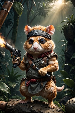 a (muscular:0.5) furry (martial arts master:0.7) battle (hamster:1.2) mafioso (monk:0.5) holding a gun. He has one eye and a bandana (eye patch:1.3). His fur is blackened, but he wields the baseball bat with fierce determination. The morning sunrise highlights him with impeccable (cinematic backlighting) as it burns away the morning mist of the jungle. perfectly drawn hands, cinematic scene, dramatic lighting, hyperdetailed photography, soft light, full body portrait, cover. shot on Blackmagic Pocket Cinema Camera 6K Pro and a Sigma Cine Prime 35mm f/1.4 lens (f/4.0, moderate ISO)
