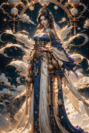 (half body shot) of a character standing in majestic pose, hyper realistic representation of a fantasy chinese empress with the most sumptuous wedding hanfu dress made of purple silk and richly embroidered with gold and silver threads, wide sleeves, intricately carved golden badges and tassels, flowers and clouds background, smoke, intricately carved rock magic circle, mandala of lights. Art by Yoshitaka Amano, Zhong Fenghua, stunning interpretive visual, gothic regal, colorful, realistic eyes, dreamy magical atmosphere, (film grain), (warm hue, warm tone), cinematic light, side lightings, Angel,xuer house,Circle,Nice legs and hot body