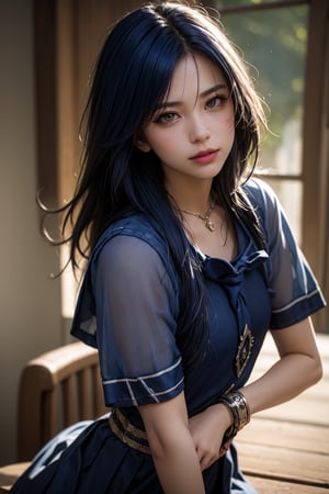 best quality, masterpiece, beautiful and aesthetic, 16K, (HDR:1.4),(((indigo hair))), high contrast, bokeh:1.2, lens flare, (vibrant color:1.4), (muted colors, dim colors, soothing tones:0), cinematic lighting, ambient lighting, sidelighting, Exquisite details and textures, cinematic shot, Warm tone, (Bright and intense:1.2), wide shot, by playai, ultra realistic illustration, siena natural ratio, anime style, 	head to thigh portrait,	Dark Chocolate long bob cut,	(a charming smile:0.8),	Gray	bracelet, a crisp white blouse, dark red tie and a pleated skirt,	a beautiful instagram Hot Russiana model, , 	gray eyes,	a sapphire necklace, bracelet,	insane details, intricate details, hyperdetailed, high contrast, soft cinematic light, vivid colors, exposure blend, hdr, front, Miki Asai Macro photography, close-up, hyper detailed, trending on artstation, sharp focus, studio photo,  highly detailed, by greg rutkowski.,yelan_(genshin_impact),ruanyi0305