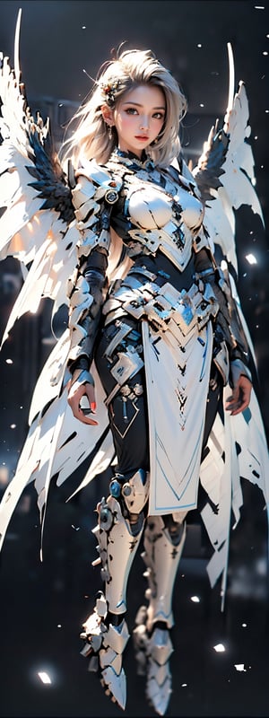 4k,ultra detailed, best quality, masterpiece, 20yo 1girl, ((Full body armor,complex multi-layered mecha armor, scale armor, many complex armor elements, ultra light tight armor, no helmet, insane detail full leg armor)) ((( long wings ,1black other is white)))

grey hair, long hair, (Beautiful and detailed eyes),
Detailed face, detailed eyes, double eyelids, real hands, ((short hair with long locks:1.2)), black hair, black background,


real person, color splash style photo,
,dragon ear,cool