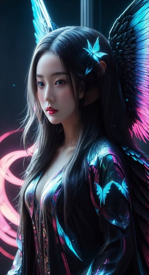 (a woman with long hair standing in front of a mirror, sci-fi highly detailed, fairy cgsociety, highly detailed zen neon, kawaii realistic portrait, artdevian, marc brunet, winged human, beautiful intricate painting, highly intricate mindar punk, pixiv frontpage, inspired by Georges Emile Lebacq, anime inspiration), Detailed Textures, high quality, high resolution, high Accuracy, realism, color correction, Proper lighting settings, harmonious composition, Behance works, more detail XL, Anime, hentai, sooyaaa,Strong Backlit Particles,chrometech,DonMF41ryW1ng5XL