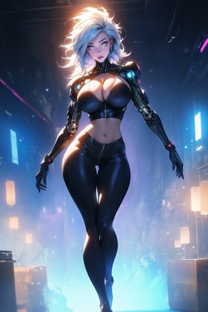 \\Beautiful 20 year old woman\\, (blonde eyes),(( natural breasts)), glowing eyes:1.4, ((light blue hair)), bangs, long_hair, hourglass body shape, detailed eyes, large breasts quality, slim waist, (slim thick body), ((full-body)), cybernetic body, cyber wings, solo_female ,midjourney