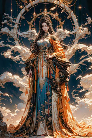 Full body shot of a character standing in majestic pose, hyper realistic representation of a fantasy chinese empress with the most sumptuous wedding hanfu dress made of orange silk and richly embroidered with gold and silver threads, wide sleeves, intricately carved golden badges and tassels, flowers and clouds background, smoke, intricately carved rock magic circle, mandala of lights. Art by Yoshitaka Amano, Zhong Fenghua, stunning interpretive visual, gothic regal, colorful, realistic eyes, dreamy magical atmosphere, (film grain), (warm hue, warm tone), cinematic light, side lightings, Angel,xuer house,Circle