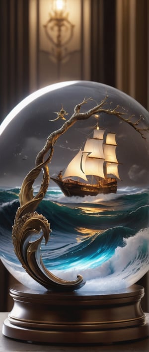 A  glass sphere sculpture, concealed inside the sphere is a large Pirate Ship in a Lightning storm, large waves, in the dark, detailed image, 8k high quality detailed, the moon, shaped sphere, amazing wallpaper, digital painting highly detailed, 8k UHD detailed oil painting, beautiful art UHD, focus on full glass sphere, bokeh,  background Modifiers: extremely detailed Award winning photography, fantasy studio lighting, photorealistic very attractive beautiful imperial colours ultra detailed 3D, (Very Intricate)
