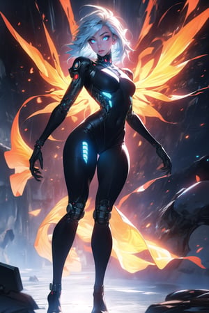 \\Beautiful 20 year old woman\\, (blonde eyes), glowing eyes:1.4, ((light blue hair)), bangs, long_hair, hourglass body shape, detailed eyes, large breasts quality, slim waist, (slim thick body), ((full-body)), cybernetic body, cyber wings, solo_female ,midjourney