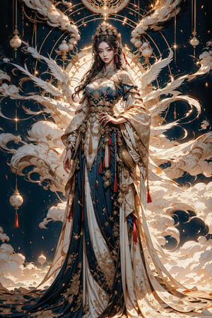 Full body shot of a character standing in majestic pose, hyper realistic representation of a fantasy chinese empress with the most sumptuous wedding hanfu dress made of red silk and richly embroidered with gold and silver threads, wide sleeves, intricately carved golden badges and tassels, flowers and clouds background, smoke, intricately carved rock magic circle, mandala of lights. Art by Yoshitaka Amano, Zhong Fenghua, stunning interpretive visual, gothic regal, colorful, realistic eyes, dreamy magical atmosphere, (film grain), (warm hue, warm tone), cinematic light, side lightings, Angel,xuer house,Circle
