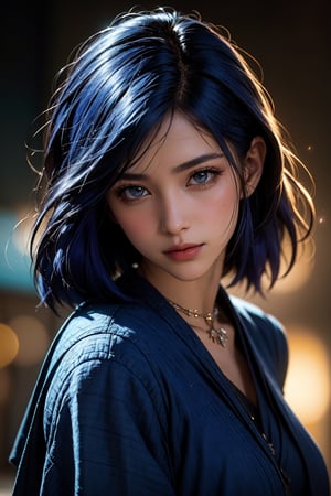 best quality, masterpiece, beautiful and aesthetic, 16K, (HDR:1.4),(((indigo hair))), high contrast, bokeh:1.2, lens flare, (vibrant color:1.4), (muted colors, dim colors, soothing tones:0), cinematic lighting, ambient lighting, sidelighting, Exquisite details and textures, cinematic shot, Warm tone, (Bright and intense:1.2), wide shot, by playai, ultra realistic illustration, siena natural ratio, anime style, 	head to thigh portrait,	Dark Chocolate long bob cut,	(a charming smile:0.8),	Gray	bracelet, a crisp white blouse, dark red tie and a pleated skirt,	a beautiful instagram Hot Russiana model, , 	gray eyes,	a sapphire necklace, bracelet,	insane details, intricate details, hyperdetailed, high contrast, soft cinematic light, vivid colors, exposure blend, hdr, front, Miki Asai Macro photography, close-up, hyper detailed, trending on artstation, sharp focus, studio photo,  highly detailed, by greg rutkowski.,yelan_(genshin_impact)